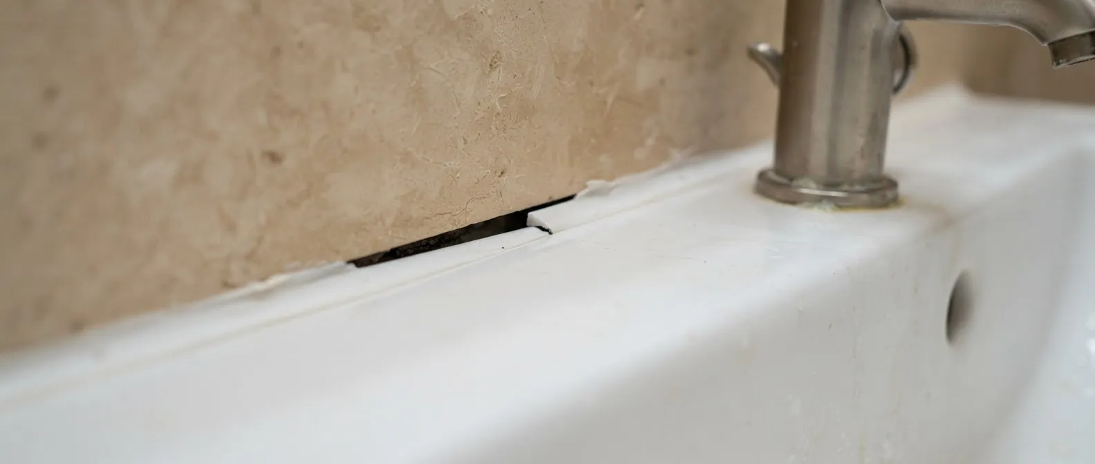 Illustrative photograph of a sealant gap at the edge of a bathroom basin