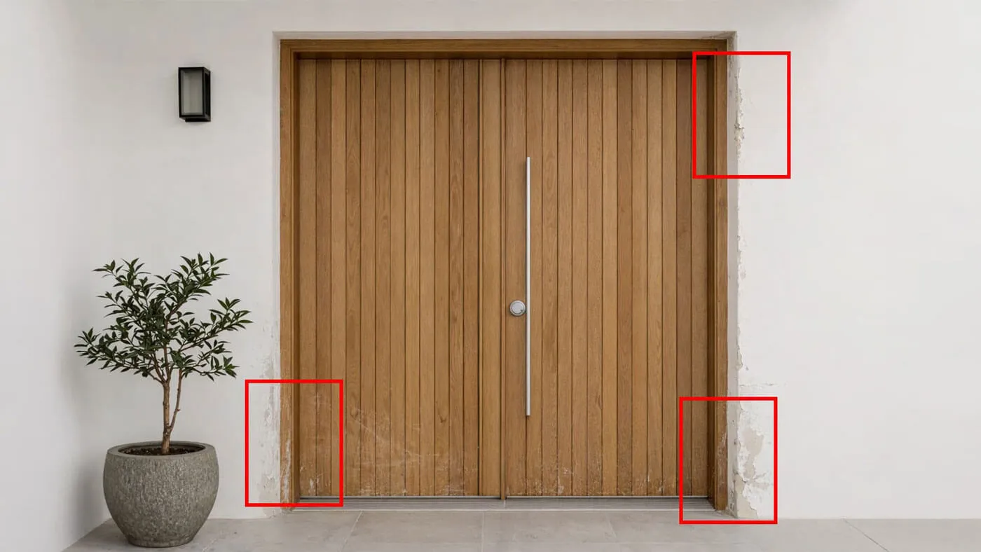 Entrance door with marked wall and frame defects