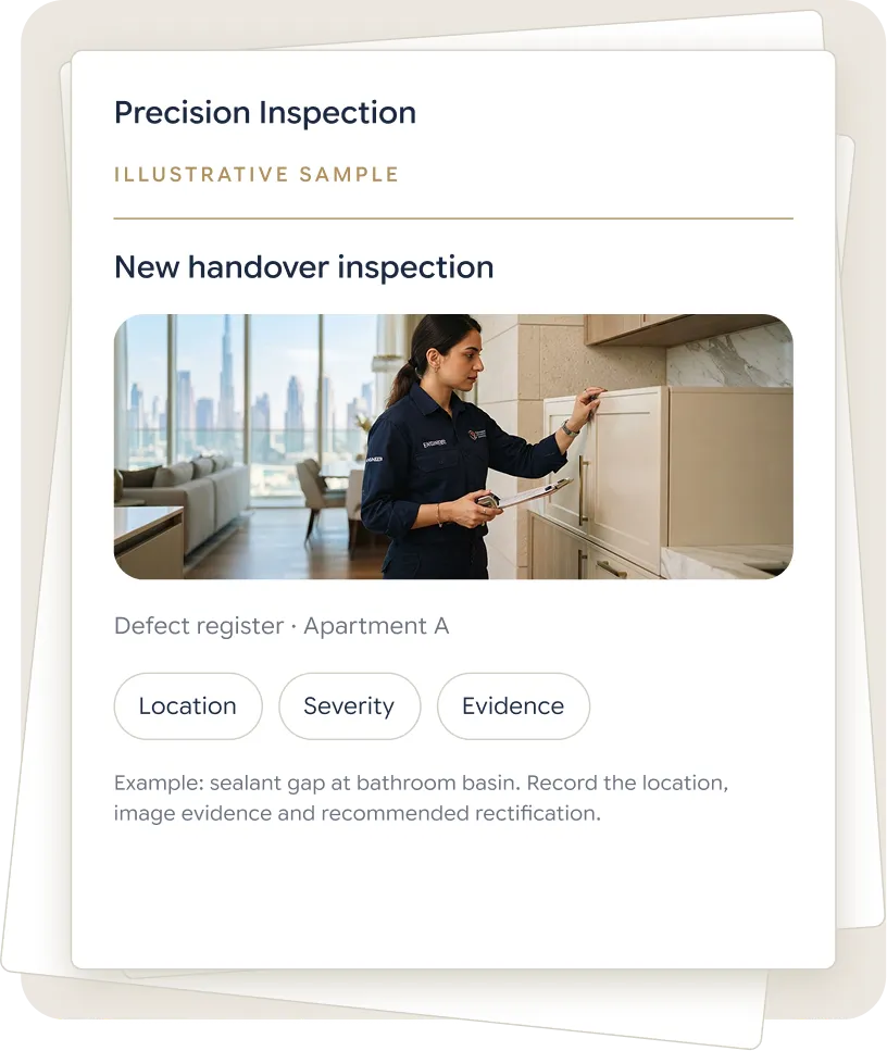 Illustrative report cover: new handover inspection, defect register for Apartment A