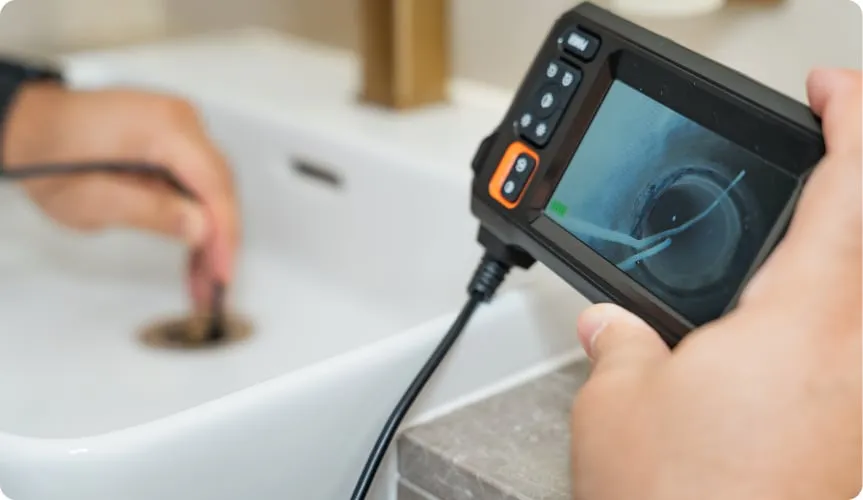 An engineer inspecting a basin drain with a borescope camera