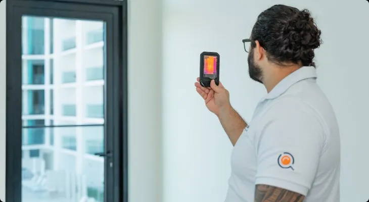 A Precision Inspection engineer checking a window frame with a thermal camera