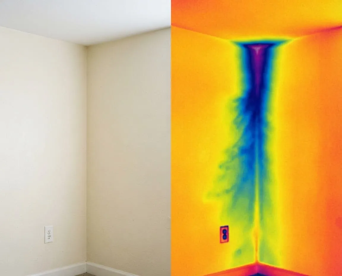 The same wall as a normal photograph (left) and through a thermal camera (right), showing moisture